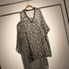 Floral Print 3/4-sleeve V-neck Chiffon Dress