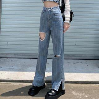 Ripped Striped Wide Leg Jeans