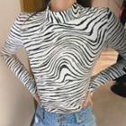 Long-sleeve Mock Neck Zebra Print T-shirt