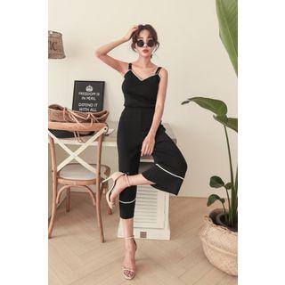 Set: Sleeveless Contrast-trim Top + Band-waist Pants