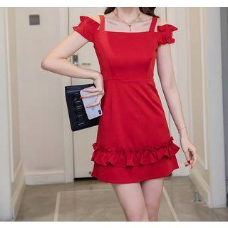 Ruffle Trim Cold Shoulder A-line Mini Dress