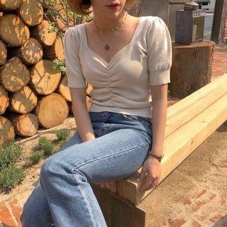 Puff-sleeve Plain Ruched Knit Top