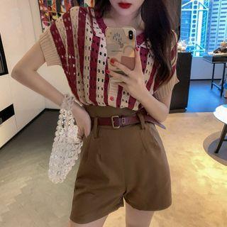 Striped Short-sleeve Pointelle Knit Cardigan / High-waist Shorts