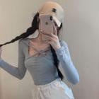 Long-sleeve Square-neck Lace-up Plain T-shirt