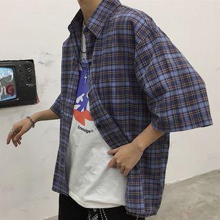 Short-sleeve Check Loose-fit Shirt Blue - One Size