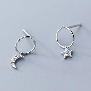 925 Sterling Silver Rhinestone Moon & Star Dangle Earring S925 Silver - As Shown In Figure - One Size