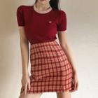 Contrast Knit T-shirt / Plaid Skirt