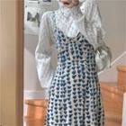 Long-sleeve Lace Top / Heart Print Midi A-line Overall Dress