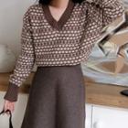 V-neck Patterned Sweater Coffee - One Size
