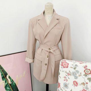 Open-front Flap-detail Jacket With Sash