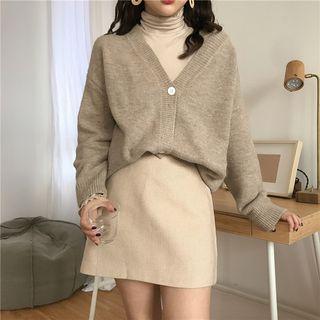 V-neck Cardigan / Long-sleeve Mock-neck Top / Mini A-line Skirt