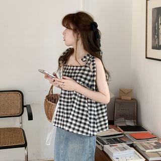 Suspender Square-neck Plaid Top Black & White - One Size