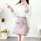 Set: Contrast Trim Lace Shirt + Pocket Front Skirt