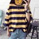 Cut Out Detailed 3/4 Sleeve Striped T-shirt