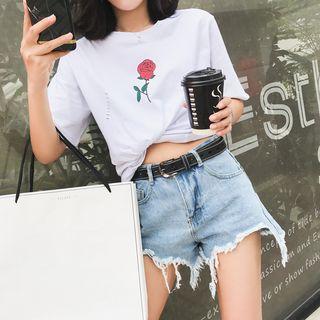 Elbow-sleeve Floral Print Ripped T-shirt