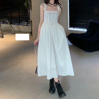 Spaghetti Strap Wood Ear Trim Button-up Dress