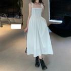 Spaghetti Strap Wood Ear Trim Button-up Dress