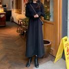 Ribbed Long-sleeve A-line Midi Knit Dress Black - One Size