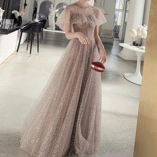 Short-sleeve Sequin Sheath Evening Gown