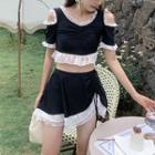 Set: Short-sleeve Ruffle Trim Swim Top + Skirt