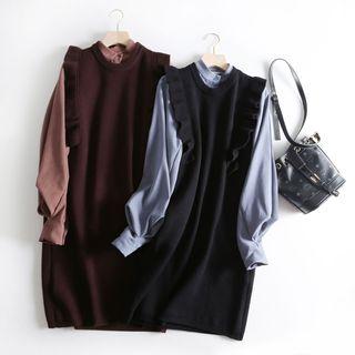 Set: Long-sleeve Plain Shirt + Mini Knit Pinafore Dress