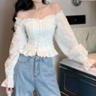 Long-sleeve Off-shoulder Buttoned Ruffled Top White - One Size