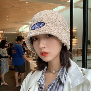 Lettering Applique Cable Knit Bucket Hat