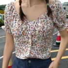 Floral Print Open-placket Button Top / Dual-pocket A-line Skirt