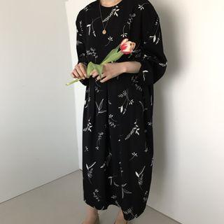 Long-sleeve Leaf Print Pleated Midi Dress