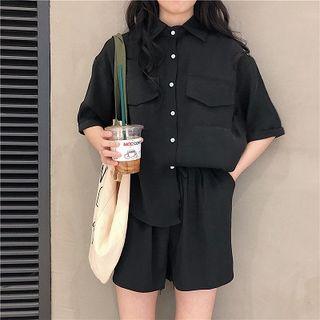 Set:plain Single-breasted Short-sleeve Blouse + High-waist Lace-up Shorts