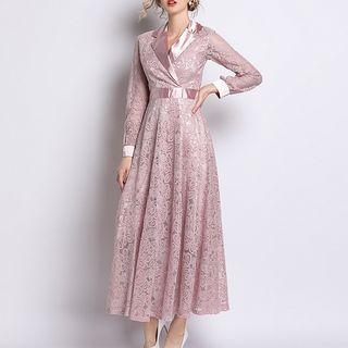 Long-sleeve Notch Lapel A-line Maxi Lace Dress