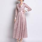 Long-sleeve Notch Lapel A-line Maxi Lace Dress