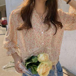 Bell-sleeve Floral Print Blouse Red & Almond - One Size