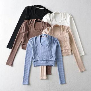 Set: Long-sleeve Buckled Crop Top + Halter-neck Cropped Camisole Top