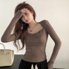 V-neck Long-sleeve T-shirt Coffee - One Size