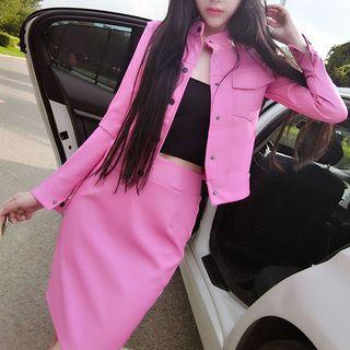 Set : Single-breasted Faux Leather Jacket + Faux Leather Semi Skirt
