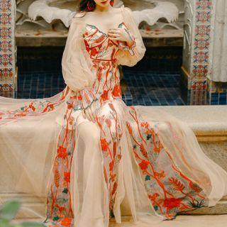 Spaghetti Strap Flower Embroidered Midi A-line Dress