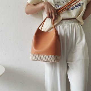 Set: Woven Panel Faux Leather Bucket Bag + Pouch