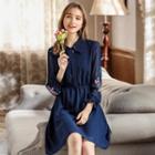 Long-sleeve Tie-neck Embroidered A-line Dress