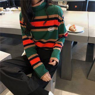 Striped Long-sleeve High Neck T-shirt As Shown In Figure - One Size
