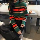 Striped Long-sleeve High Neck T-shirt As Shown In Figure - One Size