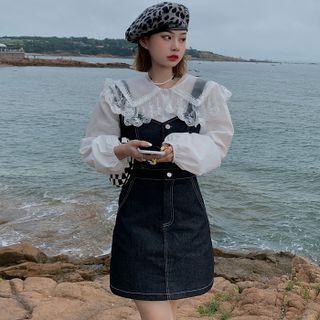 Long-sleeve Lace Collar Blouse / Denim Mini Sheath Overall Dress