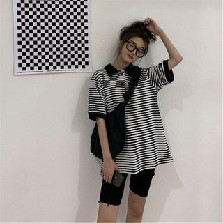 Striped Short-sleeve Collared T-shirt Stripe - One Size