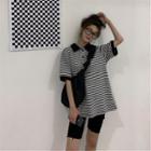 Striped Short-sleeve Collared T-shirt Stripe - One Size