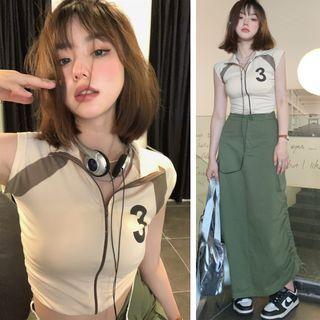 Sleeveless Zip Cropped Top / High-waist Midi Skirt