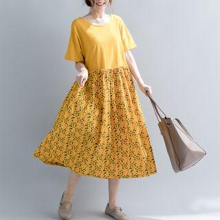 Short-sleeve Printed Panel A-line Midi Dress