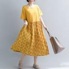 Short-sleeve Printed Panel A-line Midi Dress