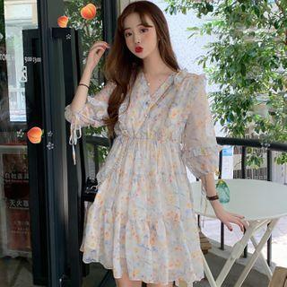 Floral Print Ruffled Balloon-sleeve Mini A-line Dress Floral Dress - One Size