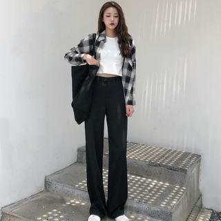 Long-sleeve Checker Shirt / Wide-leg Dress Pants
