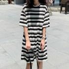 Short-sleeve Color-block Stripe Dress + Crossbody Bag